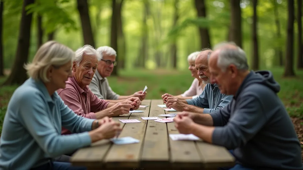 Skupina seniorů hraje společenské hry v lesním odpočívadlu