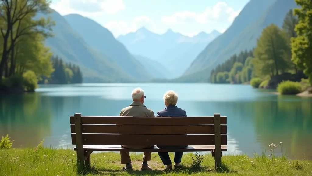 Seniorský pár sedí na lavičce s výhledem na jezero a hory v pozadí