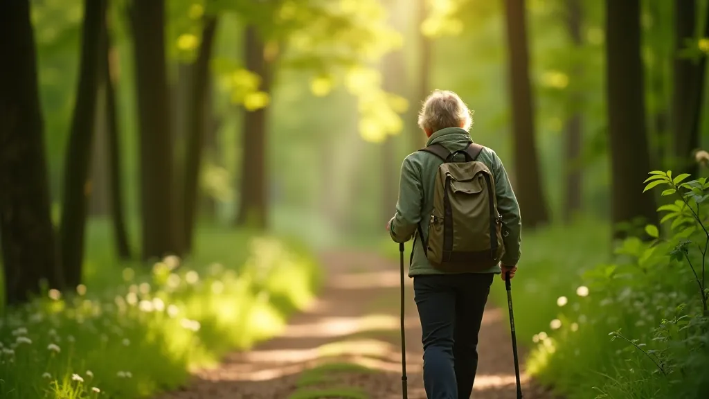 Seniorská žena na procházce po lesní cestě kolem Vranovské přehrady