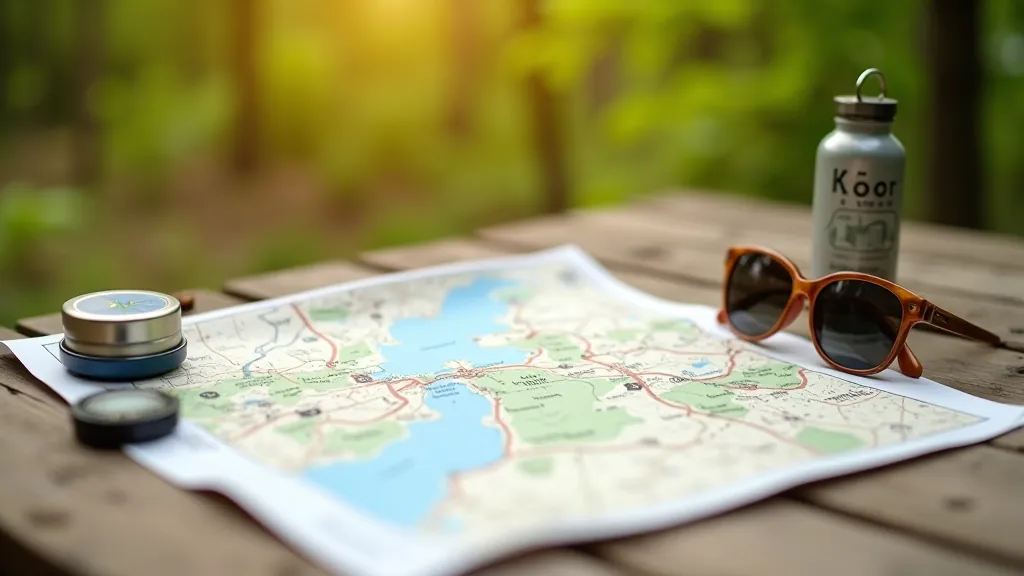 Papírová turistická mapa položená na kamenném stole s kompasem a brýlemi